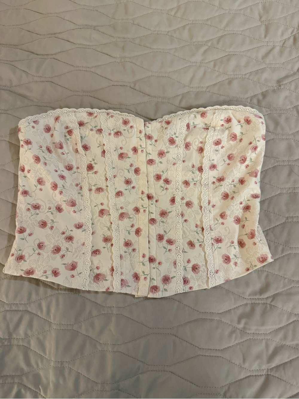 Floral Lace Corset Top - Pink Roses on Cream